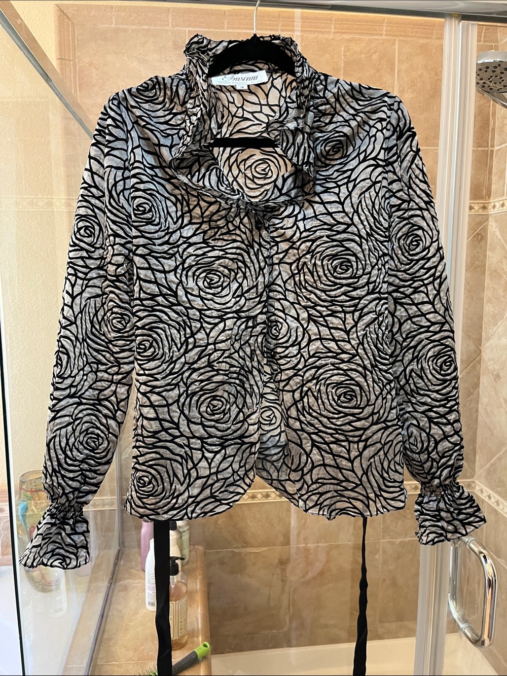 Sheer Black Rose-Print Blouse with Ruffled Neck
